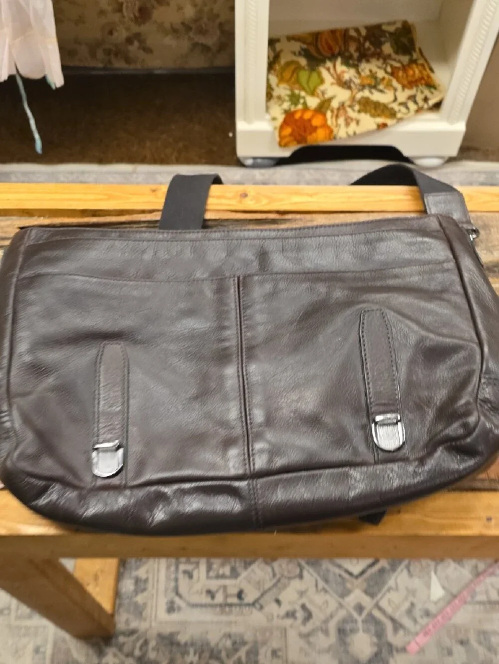 Fossil Dark Brown Leather Messenger Bag with Buckle Straps